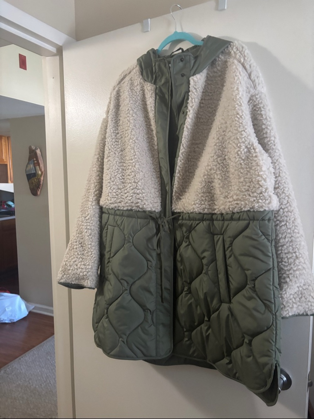 Old Navy Two-Tone Sherpa Puffer Coat in Cream & Olive